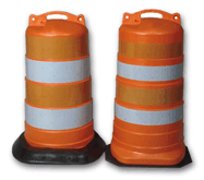 [Image Description: An orange traffic drum with white stripes]