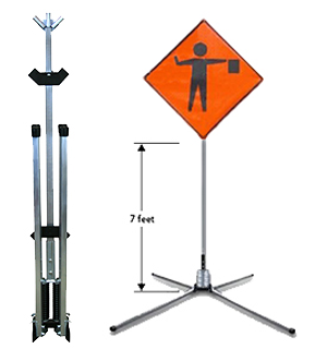 [Image Description: A picutre of full size sign stand.  To the right of it is a picture of the stand holding a construction sign.]